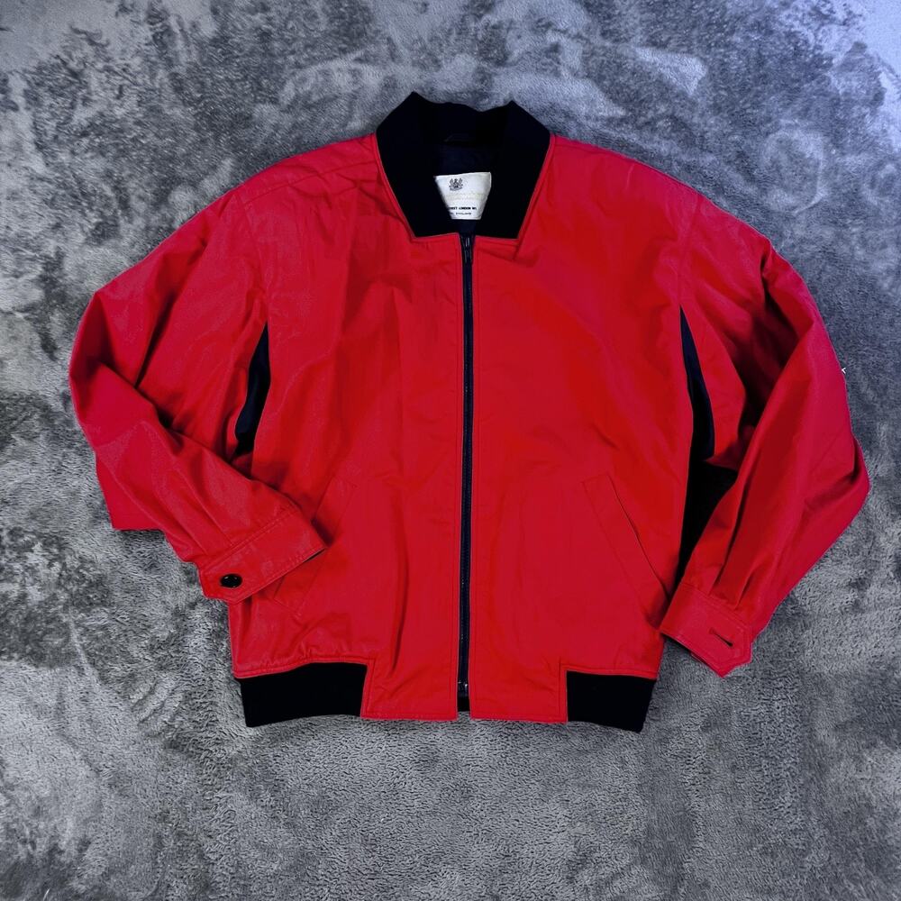 Aquascutum Jacket Mens Large Red Harrington Bomber Full Zip Black Trim Vintage